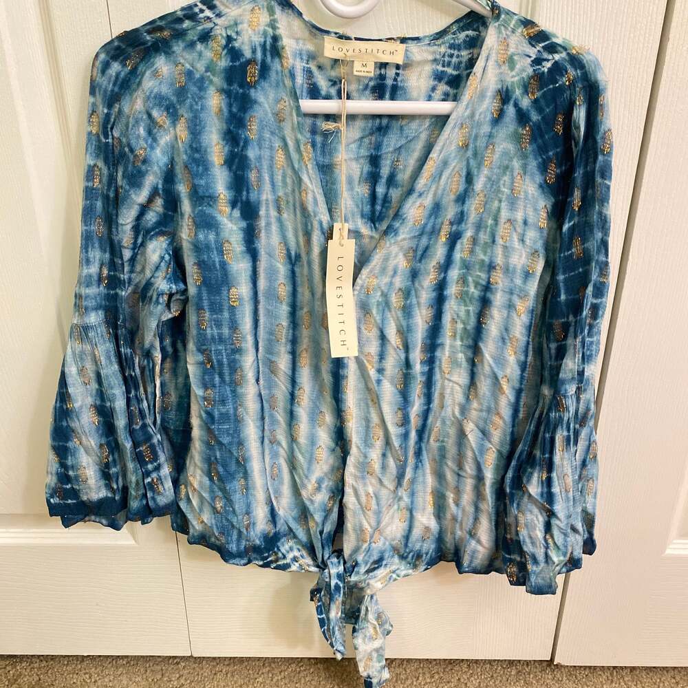 LOVESTITCH Blue Gold Metallic Front Tie Bell Sleeve Boho Blouse Size Medium NWT